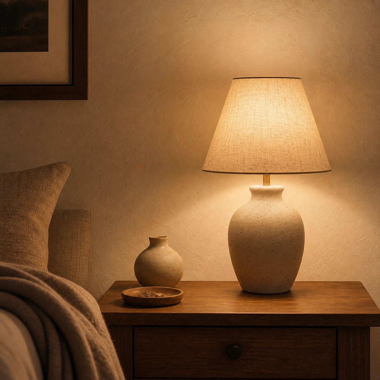 Linen-shaded lamp producing a soft 2700K-style glow as lifestyle inspiration