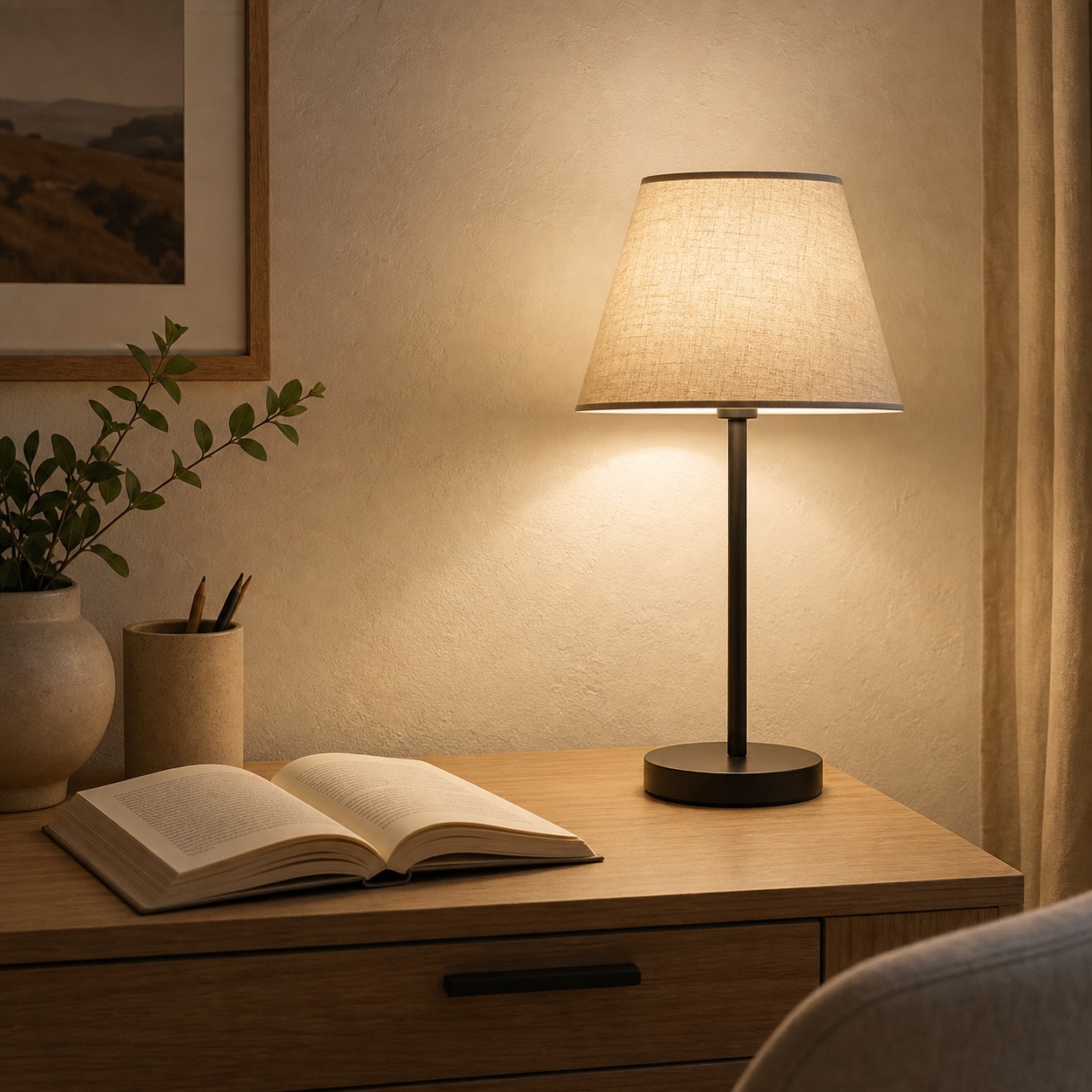 Table lamp illuminating an open book with a clear 3000K-style warm light as lifestyle inspiration