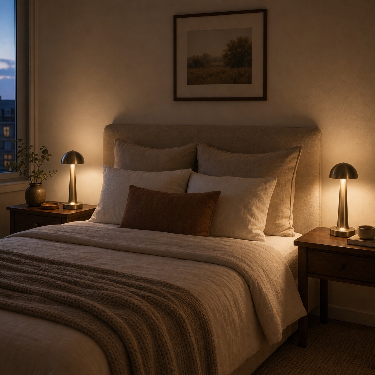 Matching cordless metal lamps glowing on two bedside tables as lifestyle inspiration