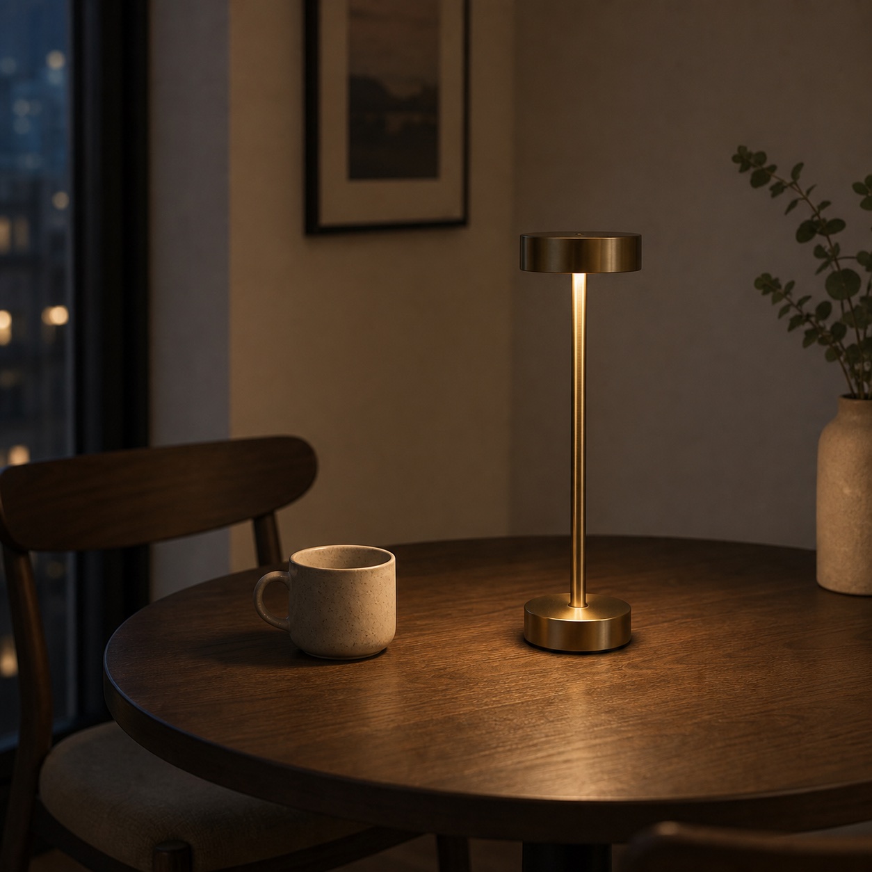 Tall cordless metal table lamp glowing on a small dining table as lifestyle inspiration