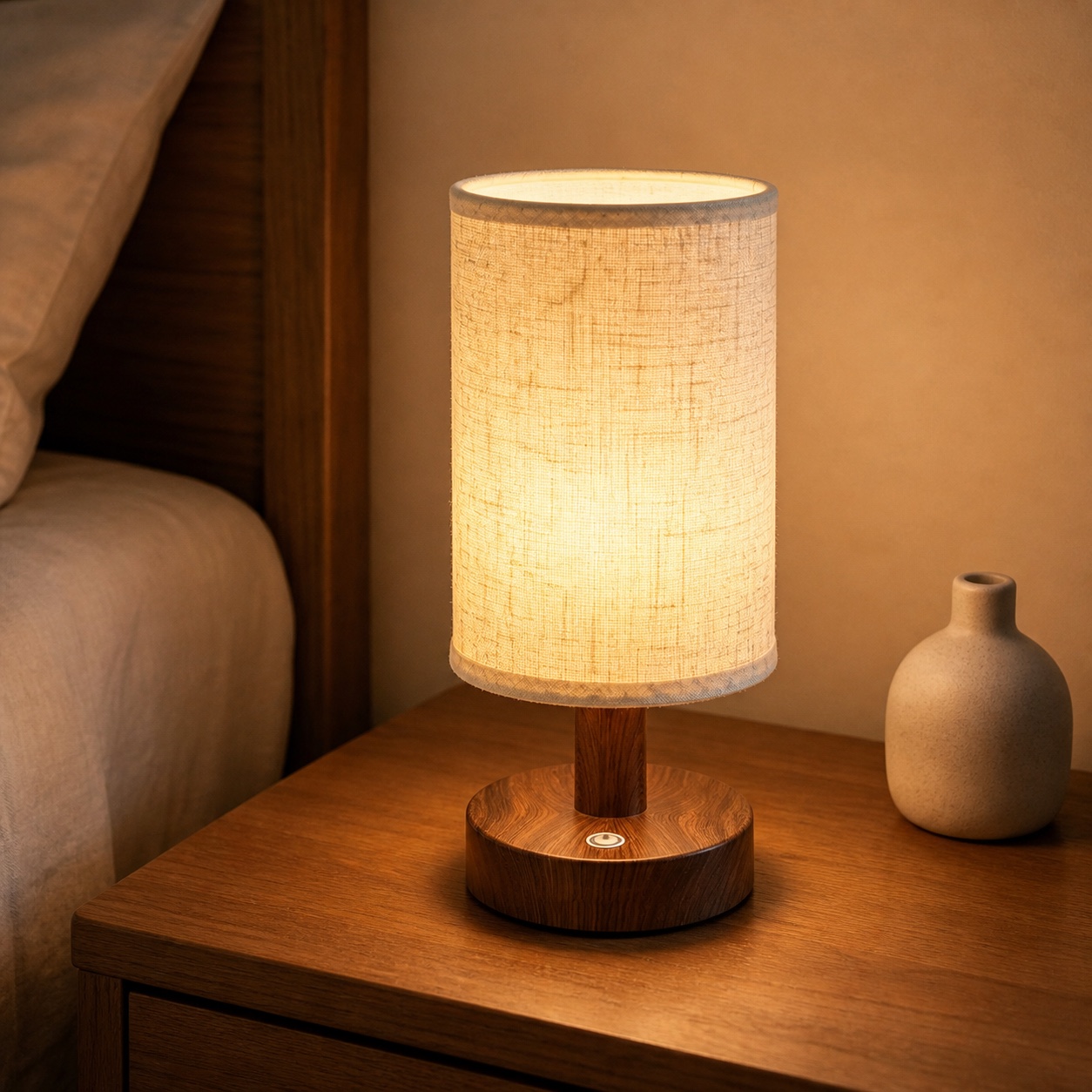 AI-generated representation of a rechargeable cordless table lamp with a cylindrical linen shade and round wood-look base