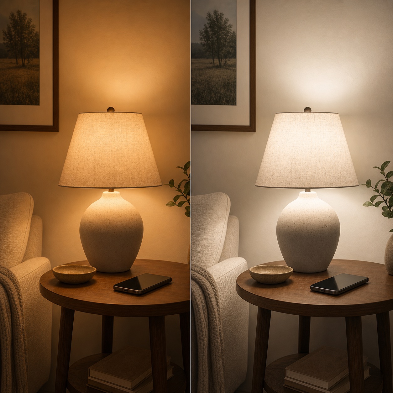 Same table lamp shown with softer and clearer adjustable warm light as lifestyle inspiration