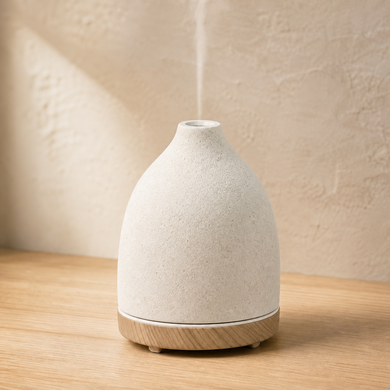 AI-generated representation of a compact off-white stone-look ceramic diffuser resembling the VIVITEST 200ml model
