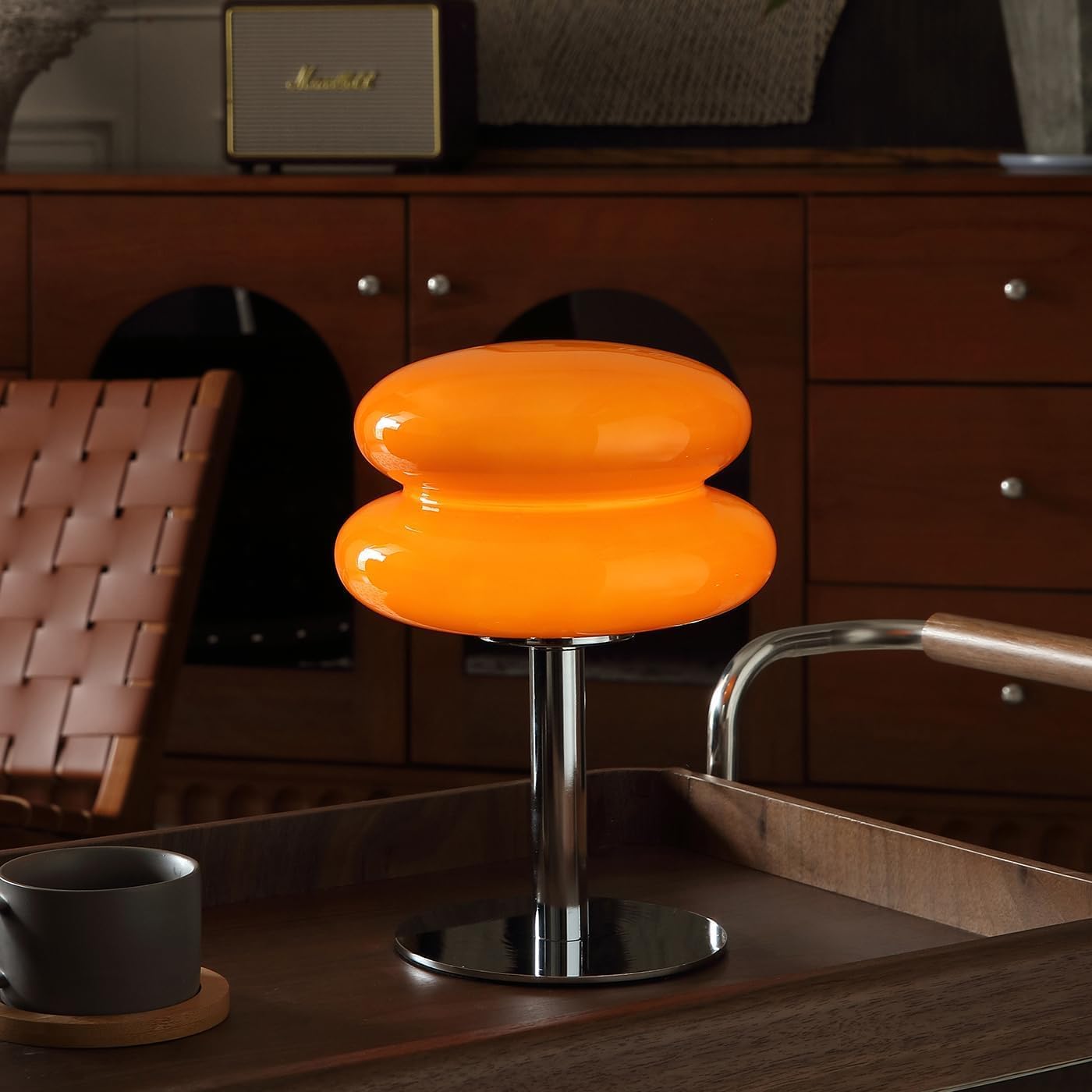 Orange mushroom-style table lamp with warm ambient light